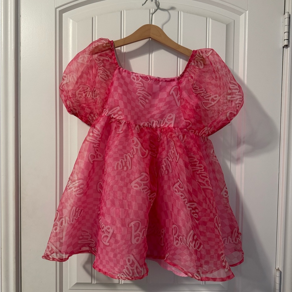 Barbie Pink Dress with Puff Sleeves and Lace Overlay
